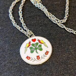 Vintage Irish Good Luck Dutch Hex Shamrock Pendant Necklace Silver Tone
